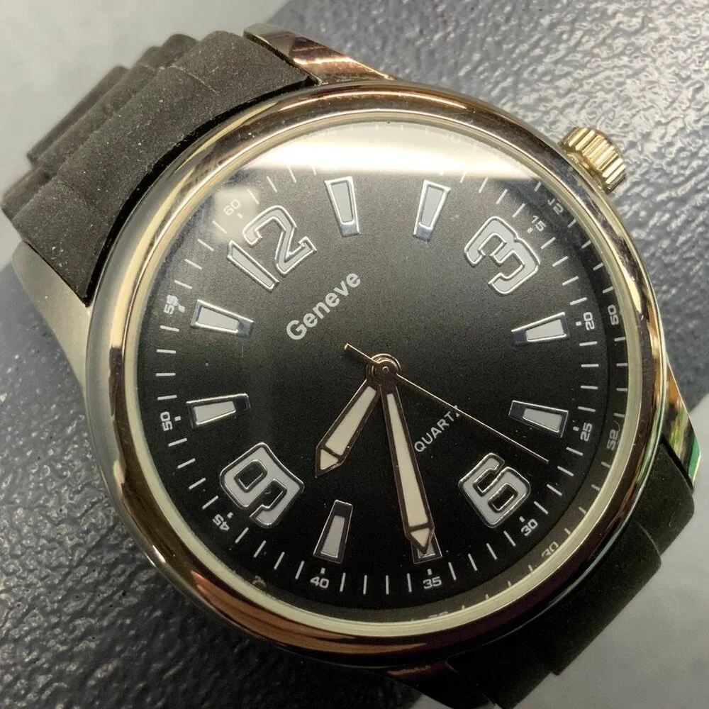 Geneve Mens Quartz Watch SOLD AS IS FOR PARTS ONLY Black Silicone Silver - Picture 2 of 5